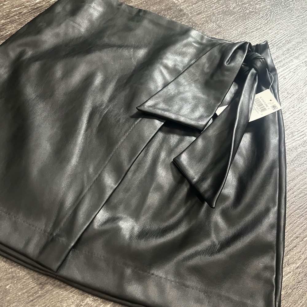 And Now This Black Faux Leather Mini‎ Skirt Wrap Tie New S Small